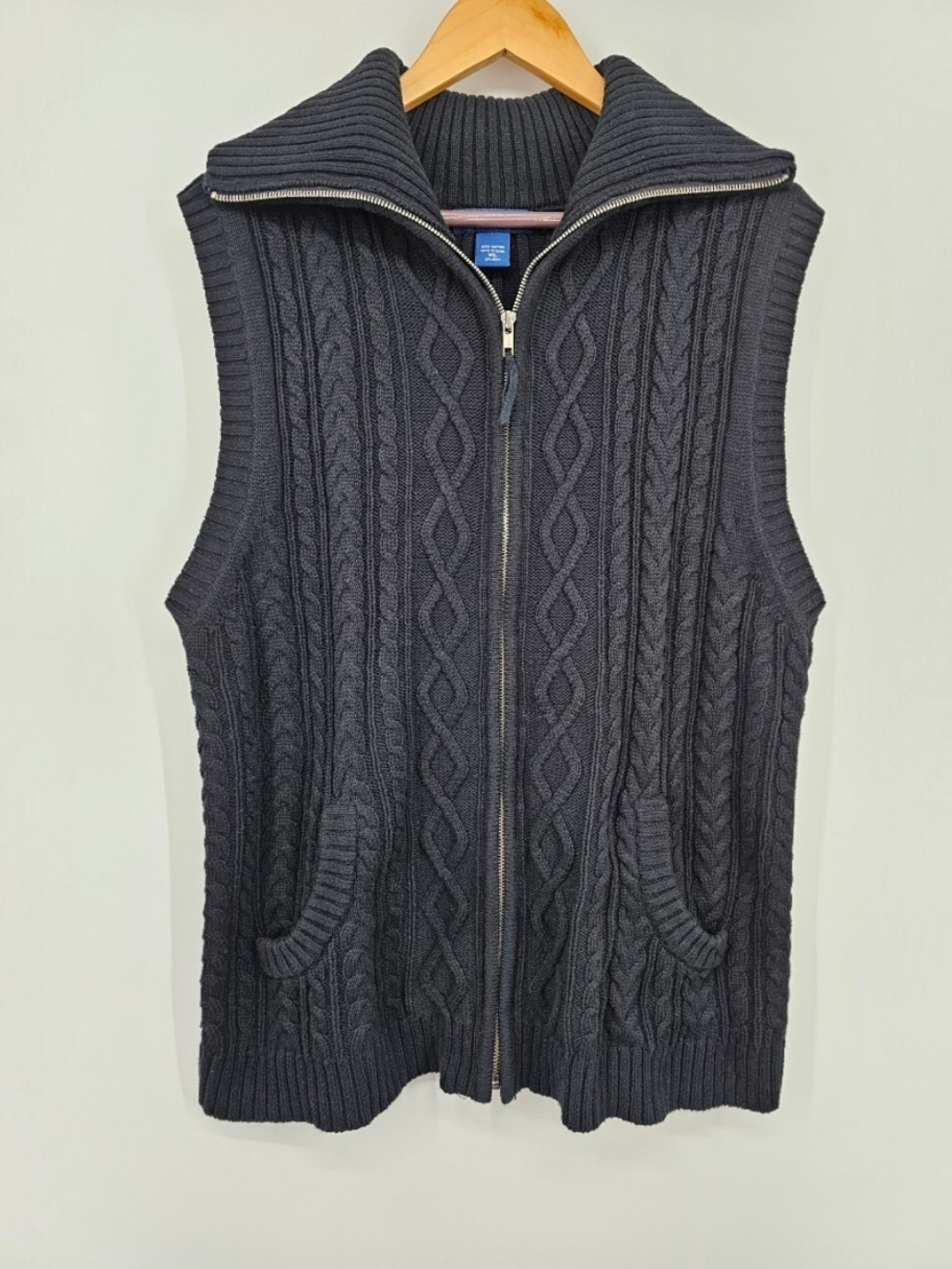 Black Cable Knit Full Zip Sweater Vest XL 100% Cotton Oversized Collar